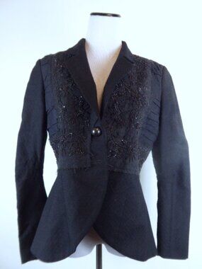 TRELISE COOPER EMBROIDERED black BEADED LACE wool blazer Jacket retro 8